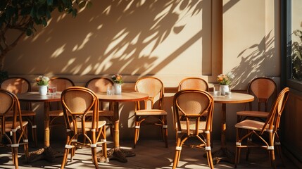  a group of chairs sitting around a table with a vase of flowers on top of it.  generative ai