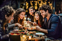 Generative AI Illustration Of Happy Family Gathering At Festive Table And Eating Appetizing Food While Celebrating Christmas Together Having Dinner At Home
