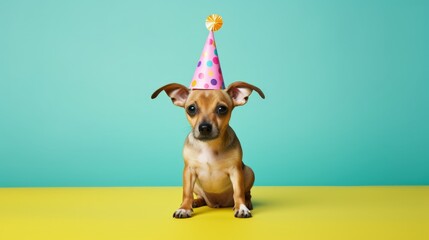 Wall Mural - Cute and funny dog wearing a birthday party hat isolated on a plain colored background. Happy doggo celebration hat. Generative AI illustration.