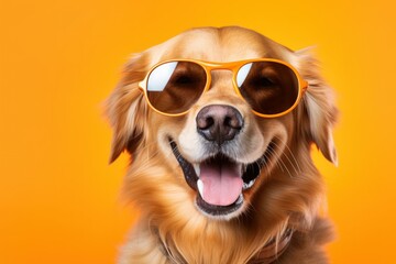 Wall Mural - Funny dog with sunglasses isolated on a plain orange background. Generative AI illustration.