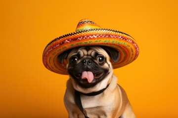 Wall Mural - Cute and funny dog wearing a sombrero hat. Fun happy animal picture isolated on a plain colored background. Generative AI illustration.