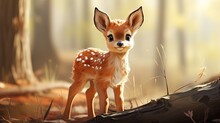  A Small Deer Standing In A Forest Next To A Fallen Tree.  Generative Ai