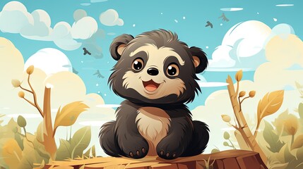  a cartoon panda sitting on a log in a forest with a sky background.  generative ai