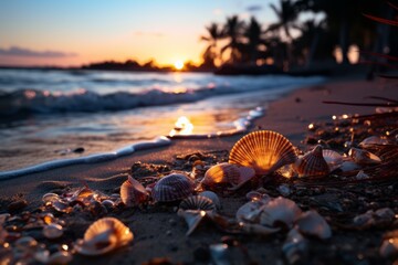 A beach sunset scene with a layer overlay of palm leaves and seashells, evoking a tropical and relaxing ambiance. Generative AI