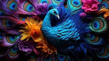  A Colorful Peacock With Feathers And Flowers On It's Back.  Generative Ai
