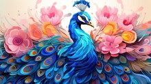  A Colorful Peacock With A Flower Arrangement In The Back Ground.  Generative Ai