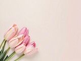Fototapeta Tulipany - Pink tulips on pastel pink background. Concept Women's Day, March 8. 8th march. Spring background. Flat lay, top view, copy space