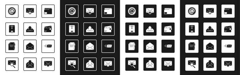 Poster - Set Document folder, Upload inbox, Delete envelope, Mail and e-mail, Envelope, Received message concept, Express and pen icon. Vector