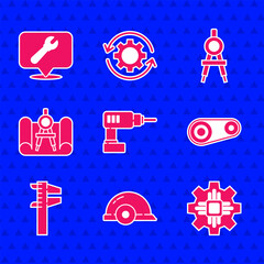 Poster - Set Electric drill machine, Worker safety helmet, Processor, Timing belt kit, Calliper caliper and scale, Graphing paper compass, Drawing and Location with wrench spanner icon. Vector