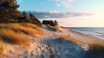 Wall Mural - sandy dunes on baltic beach,sunset on beach ,pine trees,sun reflection on se water ,wooden bench and