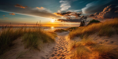 Wall Mural - sandy dunes on baltic beach,sunset on beach ,pine trees,sun reflection on se water ,wooden bench and
