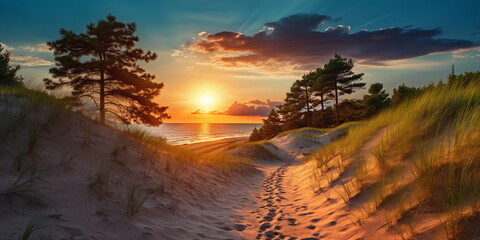 Wall Mural - sandy dunes on baltic beach,sunset on beach ,pine trees,sun reflection on se water ,wooden bench and