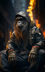 Wall Mural - Anthropomorphic chimp monkey wearing a black leather hooded jacket, sitting in a dark city street corner at night, urban underground retro style and charismatic human attitude
