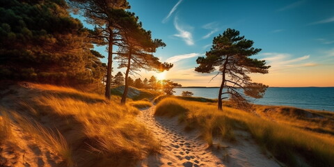 Wall Mural - sandy dunes on Baltic beach,sunset on beach ,pine trees,sun reflection on se water ,wooden bench and bike ,nature landscape 