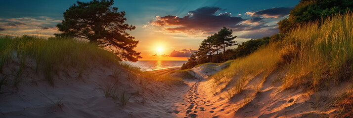 Wall Mural - sandy dunes on baltic beach,sunset on beach ,pine trees,sun reflection on se water ,wooden bench and