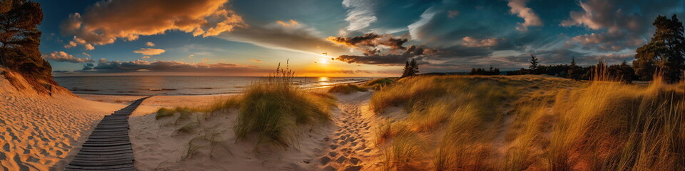 Wall Mural - sandy dunes on baltic beach,sunset on beach ,pine trees,sun reflection on se water ,wooden bench and