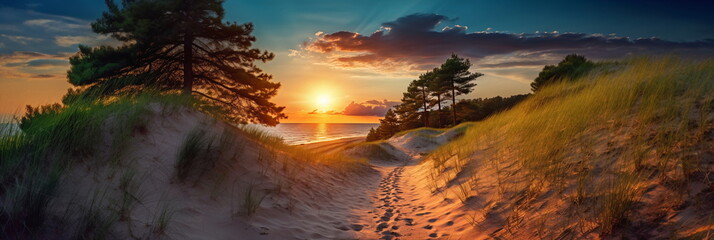 Wall Mural - sandy dunes on baltic beach,sunset on beach ,pine trees,sun reflection on se water ,wooden bench and