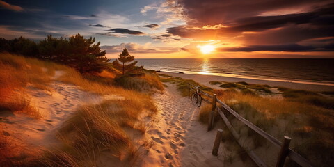 Wall Mural - sandy dunes on baltic beach,sunset on beach ,pine trees,sun reflection on se water ,wooden bench and