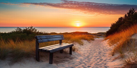 Wall Mural - sandy dunes on baltic beach,sunset on beach ,pine trees,sun reflection on se water ,wooden bench and