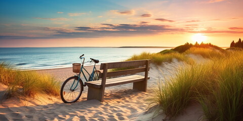 Wall Mural - sandy dunes on baltic beach,sunset on beach ,pine trees,sun reflection on se water ,wooden bench and