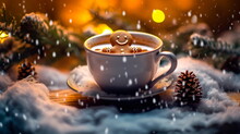 A Gingerbread Man Is Sitting In The Cup Of Hot Chocolate On The Christmas Background With Colorful Lights.Generative AI