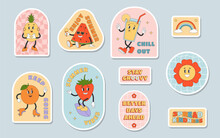 Set Of Groovy Cartoon Stickers. Flower, Orange, Strawberry, Watermelon, Pineapple, Rainbow. Sticker Pack In Trendy Y2k Retro Style.