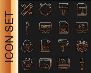 Poster - Set line Pipette, Globe of the Earth and gear, Speech bubble with text 3D, Paint brush, CMYK, Crossed ruler pencil and AI file document icon. Vector