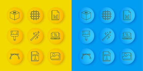 Poster - Set line Bezier curve, Paint brush, Magic wand, Picture landscape, Laptop cursor, Isometric cube, ID File document and Grid graph paper icon. Vector