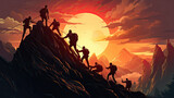 Fototapeta Młodzieżowe - digital art of Silhouettes group businessman climbing on mountain and helping at sunset