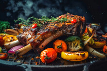 Tender Pork Ribs Grilled To Perfection And Served With A Mouthwatering Array Of Fried Vegetables Cooked Over An Open Fire. . Generative AI