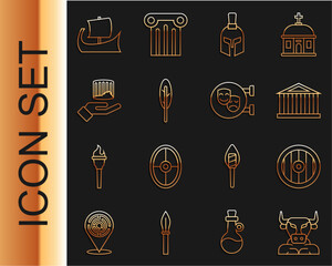 Wall Mural - Set line Minotaur, Greek shield, Parthenon, helmet, Feather pen, Ancient column, trireme and Comedy and tragedy masks icon. Vector