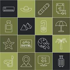 Poster - Set line Suitcase, Tropical palm tree, Sun protective umbrella, Snowboard, Egypt pyramids, Whiskey bottle, Air conditioner and Please do not disturb icon. Vector