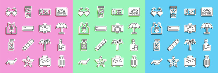 Poster - Set line Suitcase, Whiskey bottle and glass, Sun protective umbrella, Airline ticket, conditioner, Life jacket, Heart shaped love glasses and Photo camera icon. Vector