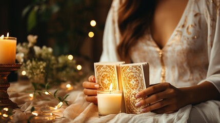 Woman's hand close up takes one card tarot on a table and reads Tarot cards. Fortune teller. Generative AI