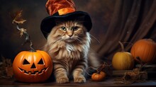 Cat And Pumpkin Halloween Themed