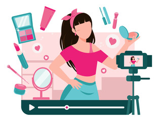 Beauty blogger recording makeup tutorial video for her vlog. Women talking and showing cosmetic products in front of the camera. Colored flat vector illustration of vlogger isolated