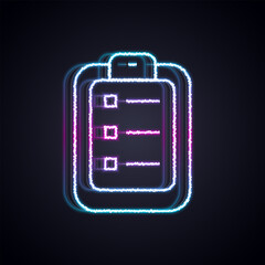 Poster - Glowing neon line To do list or planning icon isolated on black background. Vector