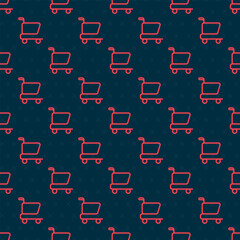 Poster - Red line Shopping cart icon isolated seamless pattern on black background. Online buying concept. Delivery service sign. Supermarket basket symbol. Vector
