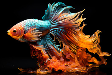 Wall Mural - Colorful betta fish isolated on black background, cockerel in aquarium close-up, AI Generated