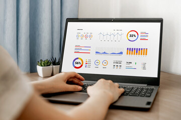 Woman working on laptop remotely with analytics statistician