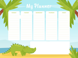 Canvas Print - Cute Crocodile Character Planner with Week Day Vector Template