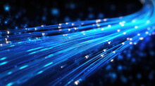 Glowing Blue Strands Of Fiber Optic Cables Illustrating Digital Connectivity. Generative AI