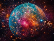  In The Vast Expanse Of Outer Space, A Dazzling Planet Adorned In A Multitude Of Vibrant, Shimmering Colors Captivates The Viewer's Gaze With Its Beauty.. Generated With AI.