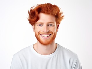 Wall Mural - a closeup photo portrait of a handsome irish ginger young man smiling with clean teeth. used for a dental ad. guy with trendy stylish hair and beard. isolated on white background. Generative AI