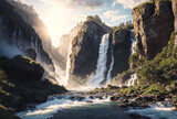 Fototapeta Góry - Beautiful waterfall landscape in the morning 