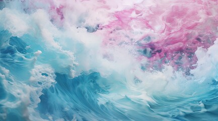 Aerial view of blue ocean waves crashing on to a pink sandy beach.