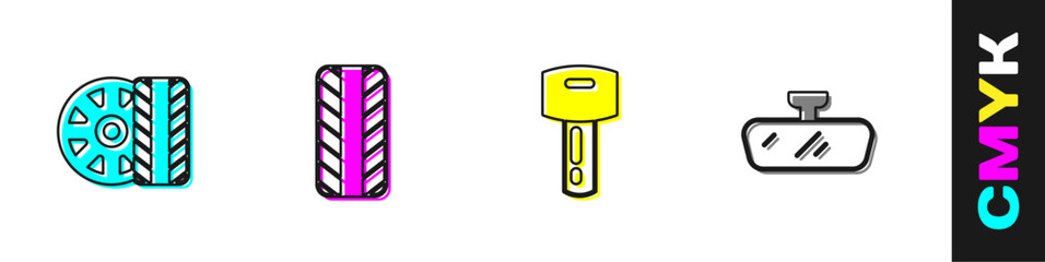 Poster - Set Car tire wheel, key with remote and mirror icon. Vector