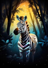 Canvas Print - Zebra animal dark wallpaper with bokeh, lights and trees in nature. Generative Ai.