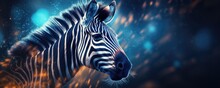 Zebra Animal Dark Wallpaper With Bokeh And Lights,  Nature Panorama. Generative Ai.