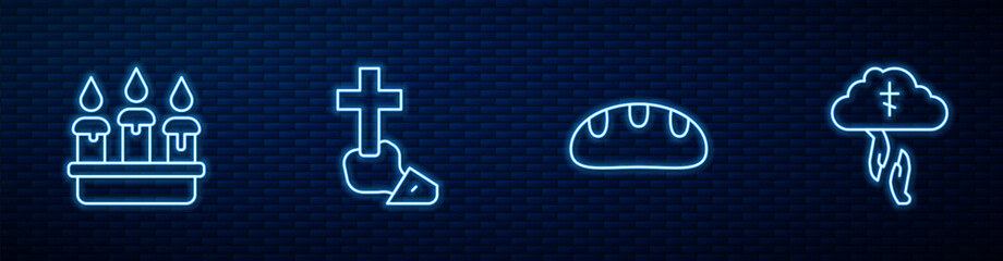 Wall Mural - Set line Bread loaf, Burning candle in candlestick, Christian cross and God's helping hand. Glowing neon icon on brick wall. Vector